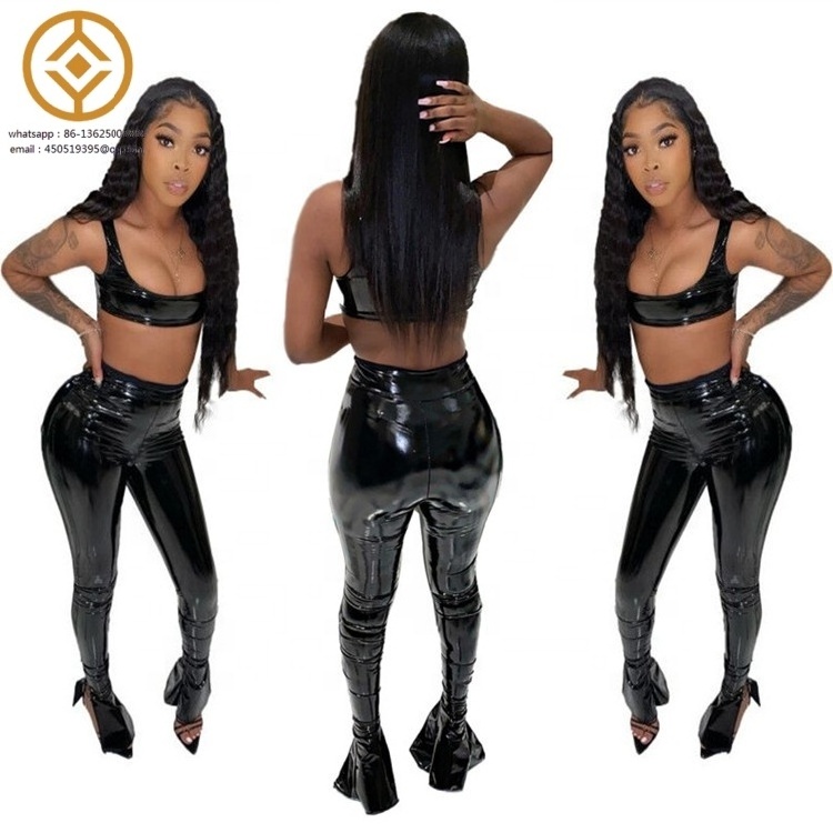 PU leather fashion sexy split foot leather pants 2 piece women outfit two piece sets