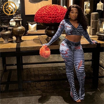 H3S40178  Long Sleeve V-neck Bare Midriff Tops+High Waist Trousers Women Sets Mesh Striped Print 2 Piece Set Ladies