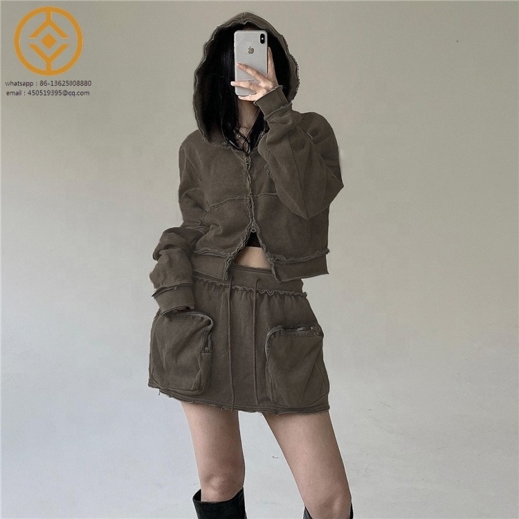 Cargo Pockets 2024 Ladies Sexy New Style Mini Skirts Crop Long Sleeve Hoodie And Skirt Set Woman Mini Skirt Sets