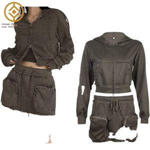 Cargo Pockets 2024 Ladies Sexy New Style Mini Skirts Crop Long Sleeve Hoodie And Skirt Set Woman Mini Skirt Sets