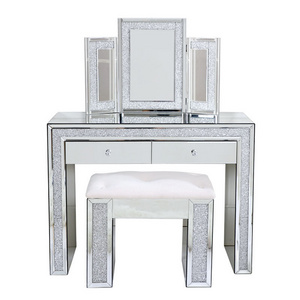 Hot sale home furniture crushed diamond mirrored dressing table with stool