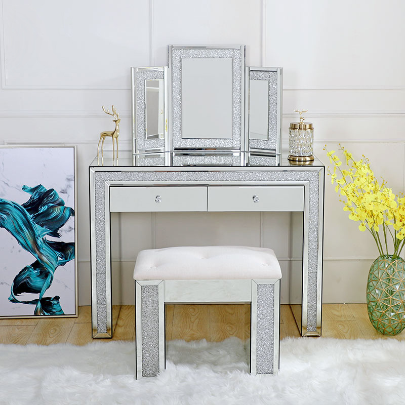 Hot sale home furniture crushed diamond mirrored dressing table with stool