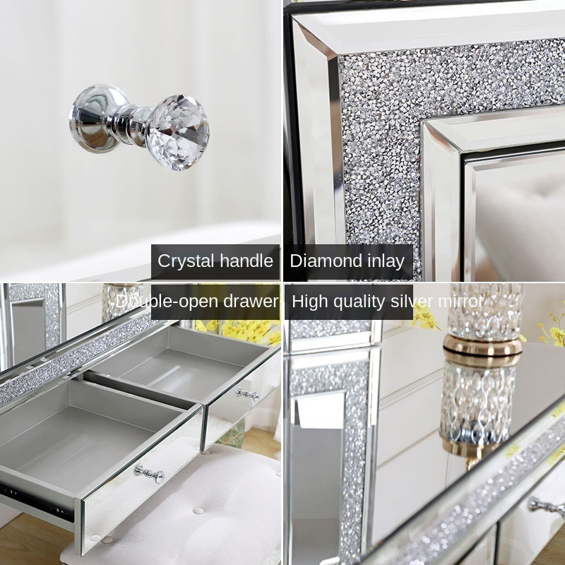 Hot sale home furniture crushed diamond mirrored dressing table with stool