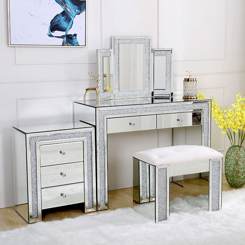 Hot sale home furniture crushed diamond mirrored dressing table with stool