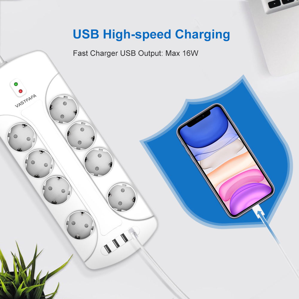 Vastfafa 7 Days Sample EU Plug&Socket Surge Protector Power Strip with 4 USB Ports 8 Outlets