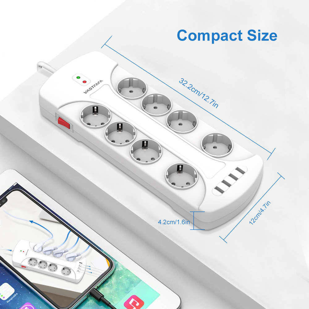 Vastfafa 7 Days Sample EU Plug&Socket Surge Protector Power Strip with 4 USB Ports 8 Outlets