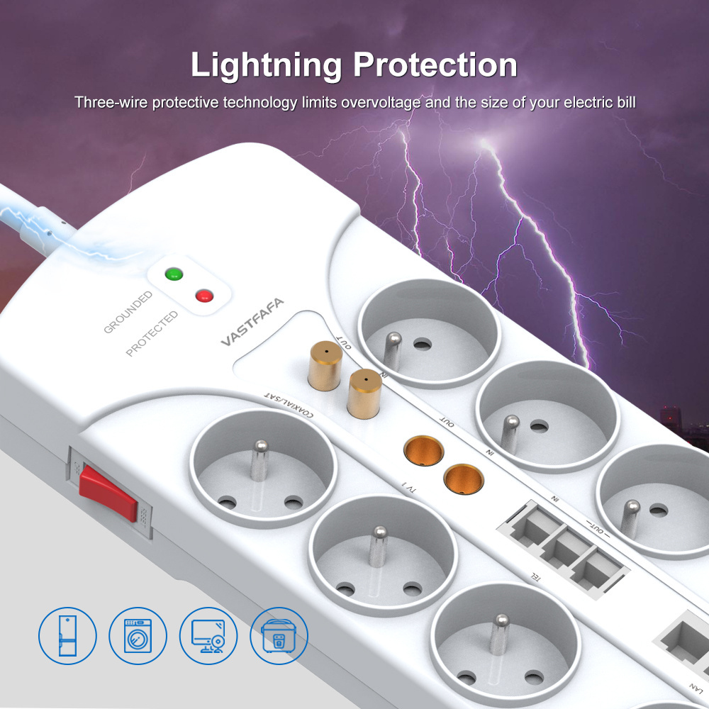 Vastfafa 8 Outlet Power Bar Cyberpower Surge Protector Power Strip Tecnologia Euro Lonon Zhejiang Electric Power Technology Co. 230V 16A