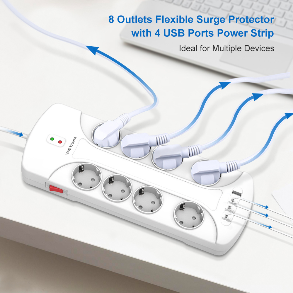 Vastfafa 7 Days Sample EU Plug&Socket Surge Protector Power Strip with 4 USB Ports 8 Outlets