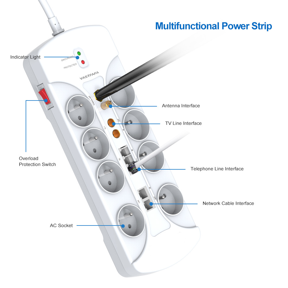 Vastfafa 8 Outlet Power Bar Cyberpower Surge Protector Power Strip Tecnologia Euro Lonon Zhejiang Electric Power Technology Co. 230V 16A