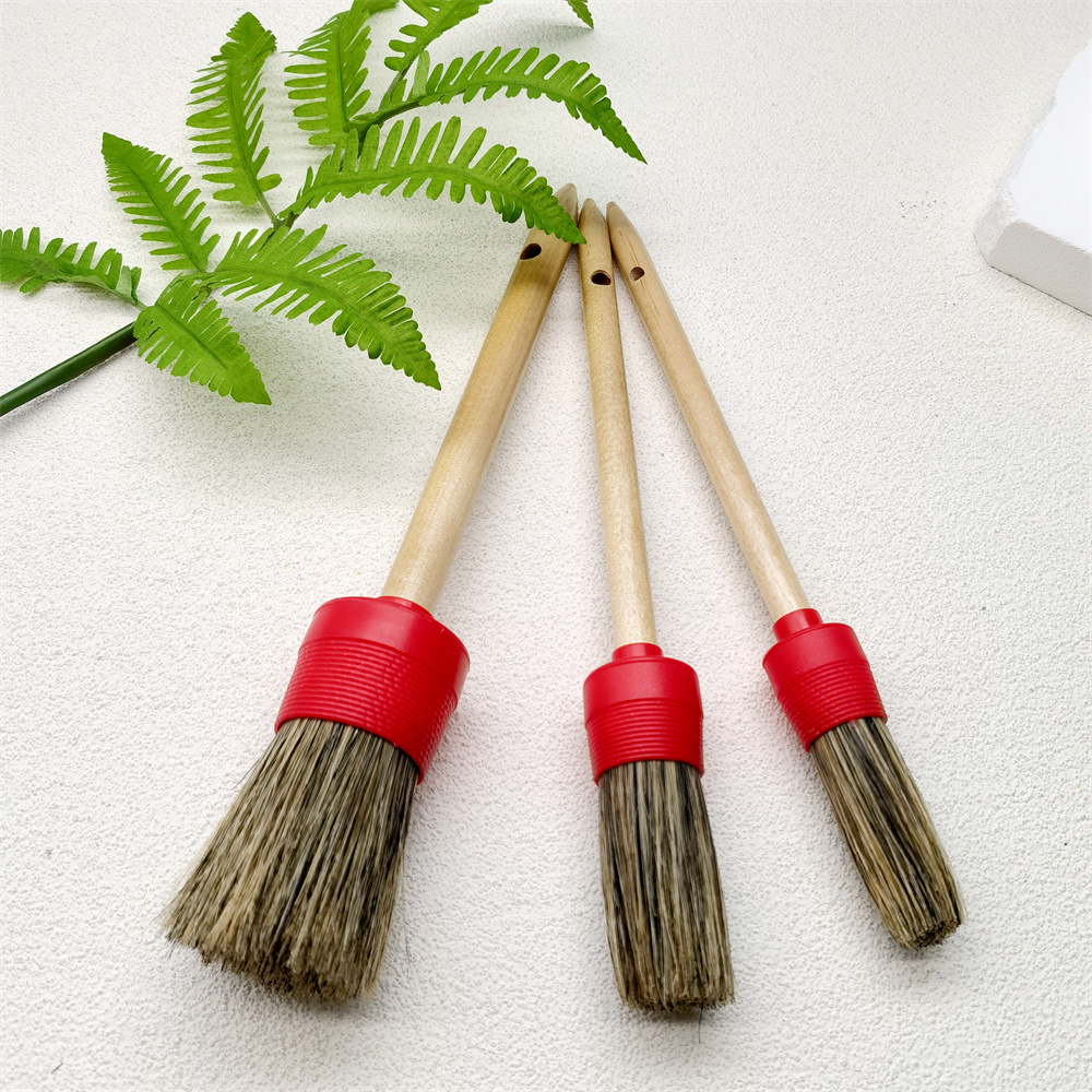 Soft car detailing brush set Auto detailing wheel brush Wooden Handle Natural Boar Hair Detailing Brush 3 pack kit