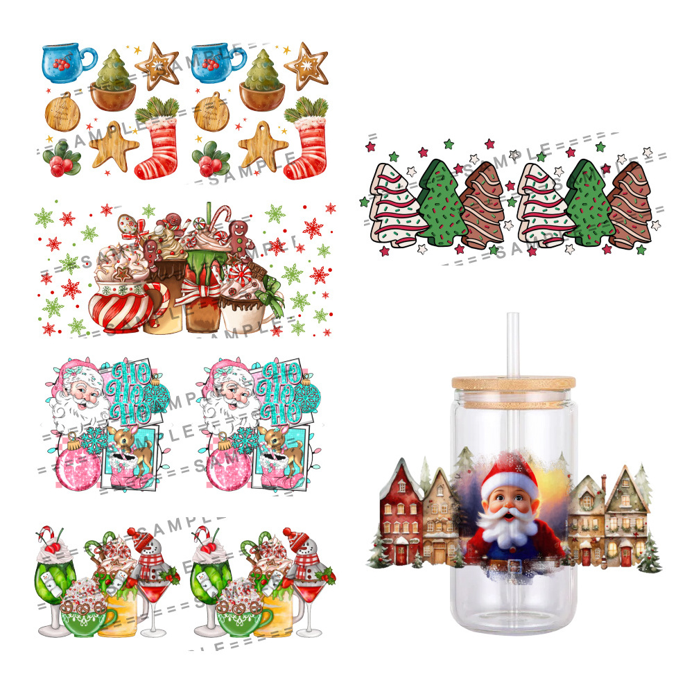 Christmas pattern Printed UV DTF Transfers Stickers 16oz Cup Wraps custom wraps and decals For DIY Glass Ceramic Cup sticker