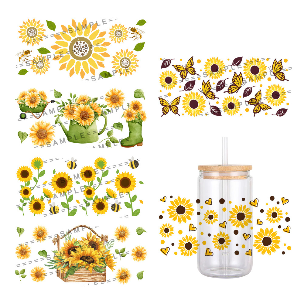 Sunflower Pattern Printed Waterproof UV DTF Transfers Stickers 16oz Cup Decal For DIY Glass Ceramic cup Stickers