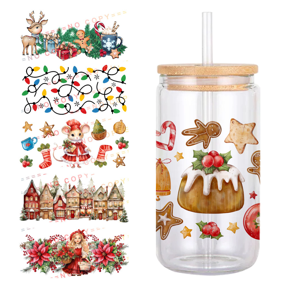 Christmas pattern Printed UV DTF Transfers Stickers 16oz Cup Wraps custom wraps and decals For DIY Glass Ceramic Cup sticker