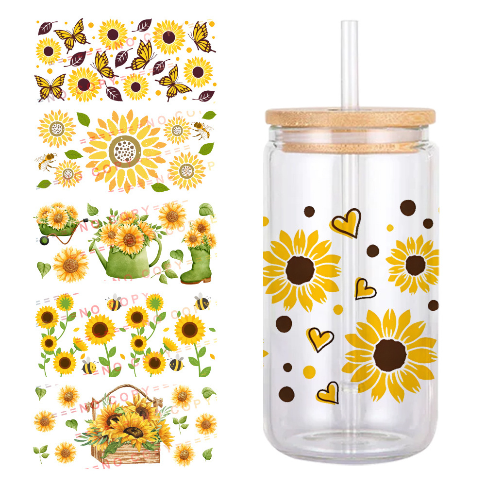 Sunflower Pattern Printed Waterproof UV DTF Transfers Stickers 16oz Cup Decal For DIY Glass Ceramic cup Stickers