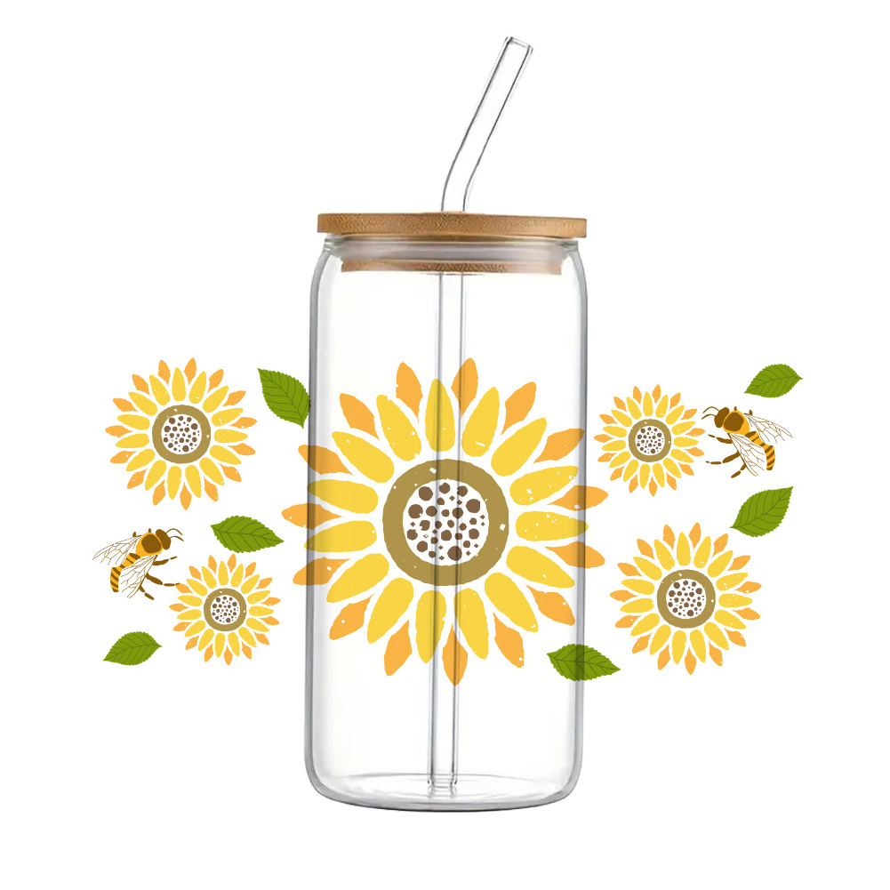 Sunflower Pattern Printed Waterproof UV DTF Transfers Stickers 16oz Cup Decal For DIY Glass Ceramic cup Stickers