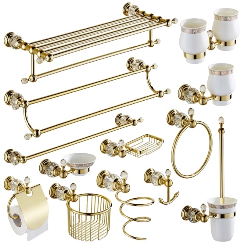 Gold Crystal Towel Rack European Bathroom Hooks Hardware Suite Bathroom Brass Shower Basket Towel Ring Bathroom Accessories