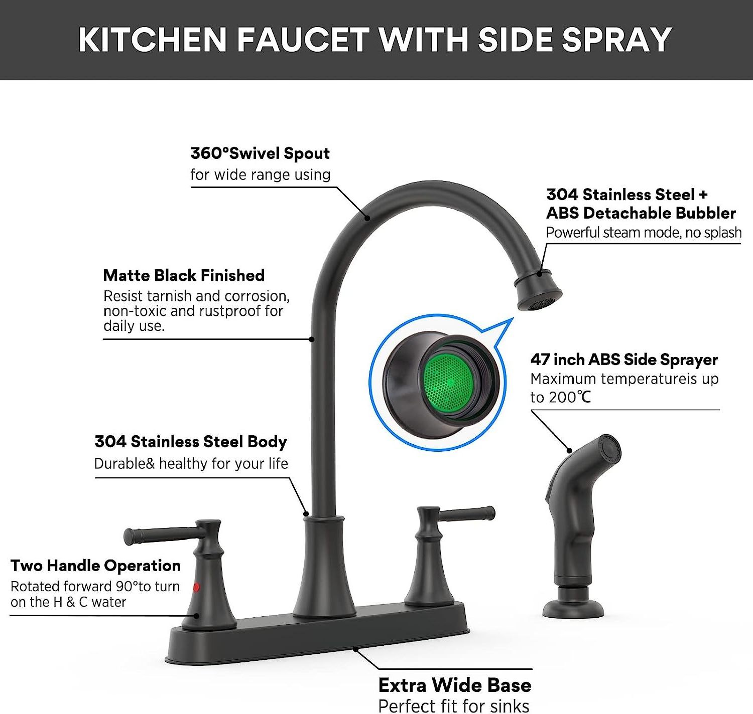 Matte black kitchen faucet 2 handle kitchen sink faucet with side spray  Cold and hot water tap