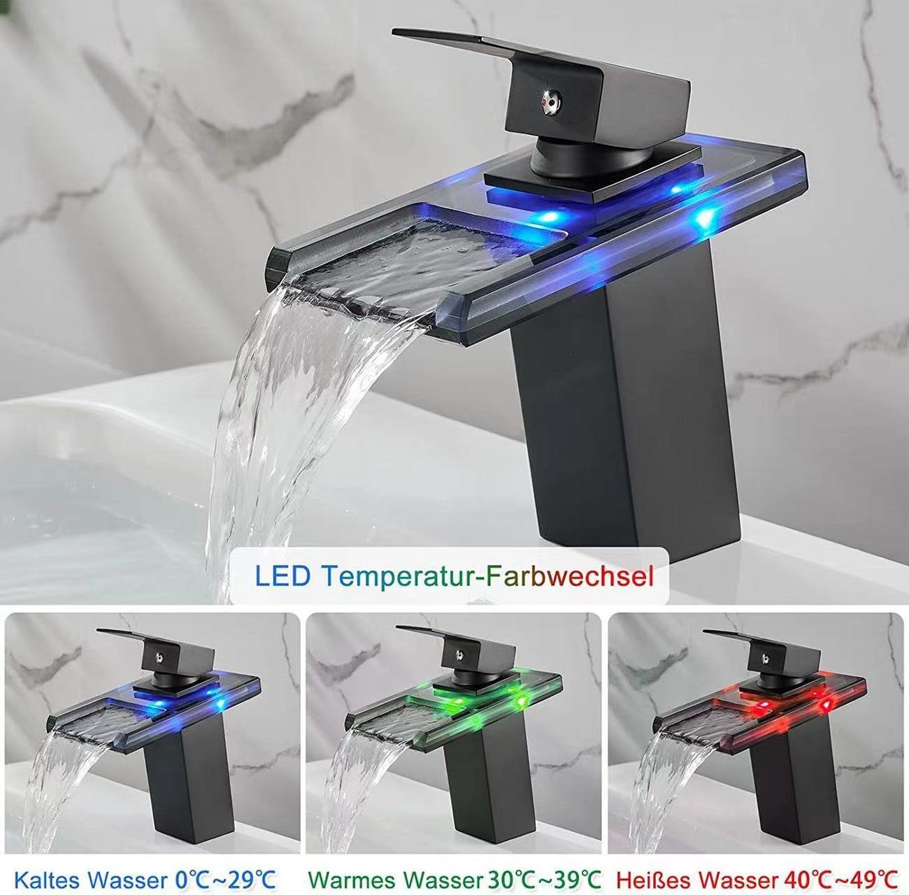 Glass faucet LED glow color changing hydroelectric black waterfall basin faucet accessories Cold and hot water tap