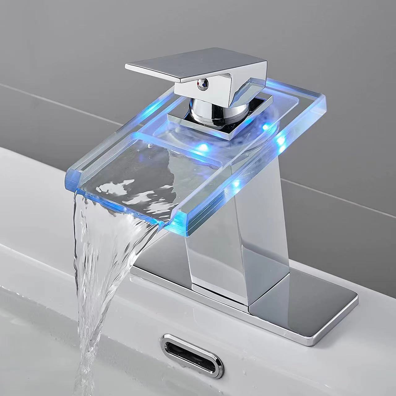 Glass faucet LED glow color changing hydroelectric black waterfall basin faucet accessories Cold and hot water tap