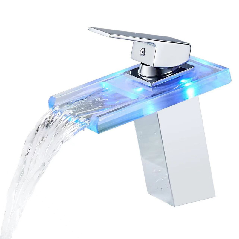 Glass faucet LED glow color changing hydroelectric black waterfall basin faucet accessories Cold and hot water tap