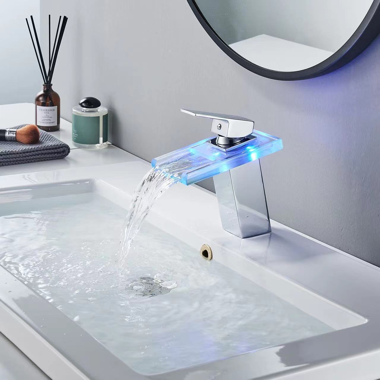 Glass faucet LED glow color changing hydroelectric black waterfall basin faucet accessories Cold and hot water tap