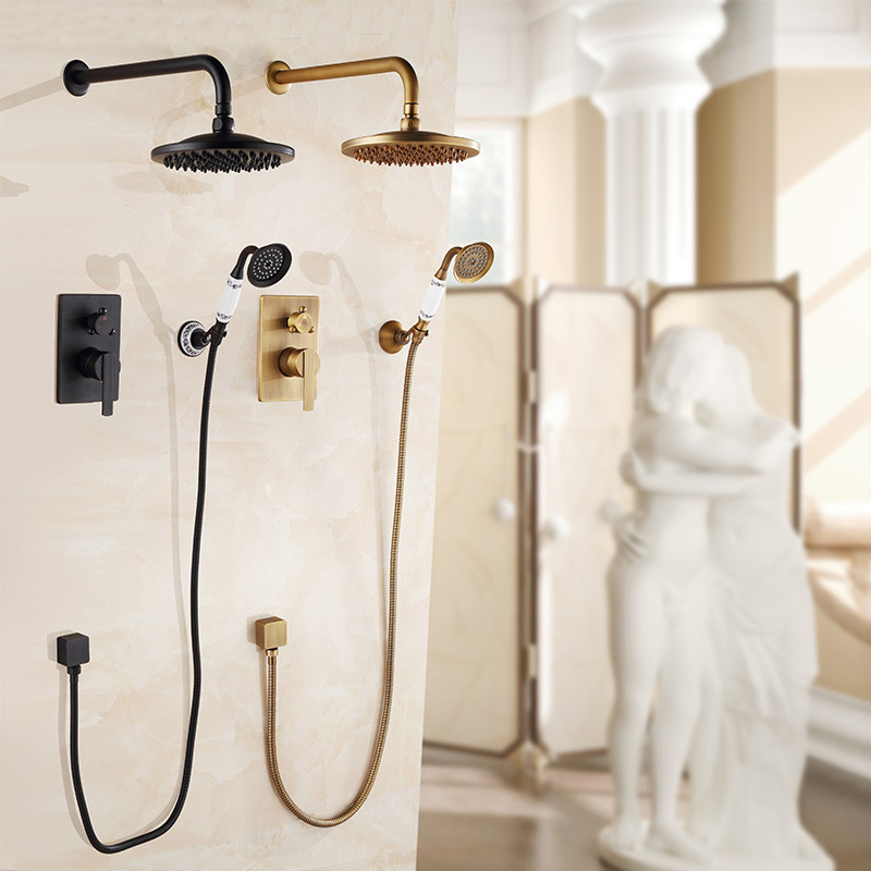 Vintage Black Shower Head Set Mixer Wall-mounted Brass Bathtub Faucet Round Shower System Rain Bathroom Faucets