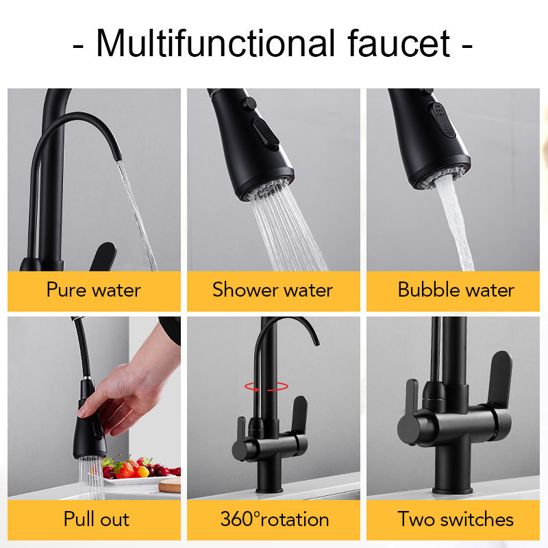 Black Kitchen Faucets Pull Out Hot Cold Water Filter Tap for Kitchen Three Ways Sink Mixer Kitchen Faucet ELK9139B