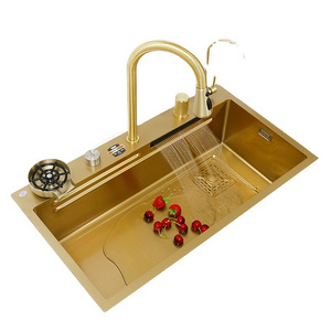 Gold Kitchen sink Waterfall faucet Stainless Steel Multifunctional kitchen sink With Knife Holder Sink Wash Basin