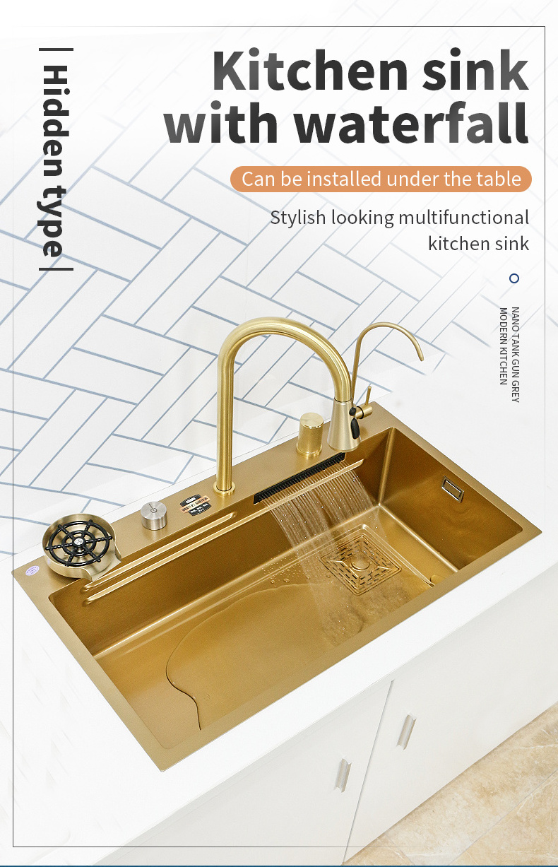 Gold Kitchen sink Waterfall faucet Stainless Steel Multifunctional kitchen sink With Knife Holder Sink Wash Basin