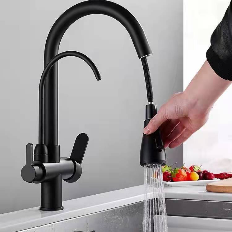 Kitchen Black Steel Pull Type Faucet Dish Washing Basin Sink Retractable Pull Faucet