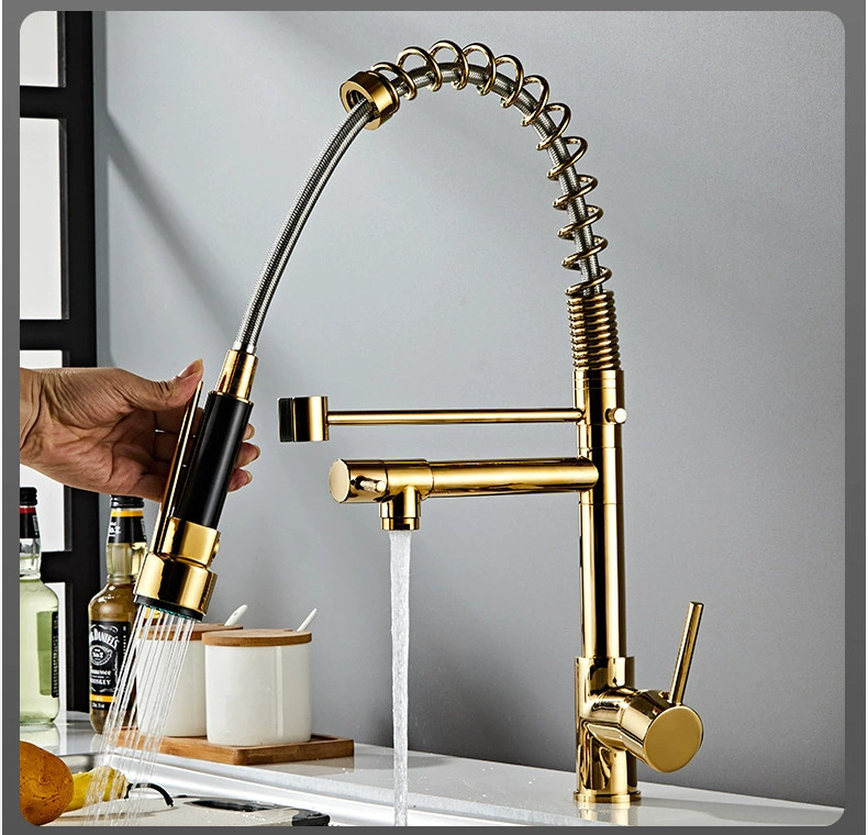 Kitchen spring pull-out faucet all copper rotating hot and cold water purification direct drinking kitchen accessories