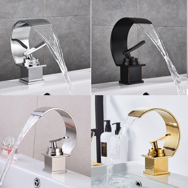 Basin Faucet Modern Bathroom Mixer Tap Black Gold Wash basin Faucet Single Handle Hot and Cold Waterfall Faucet