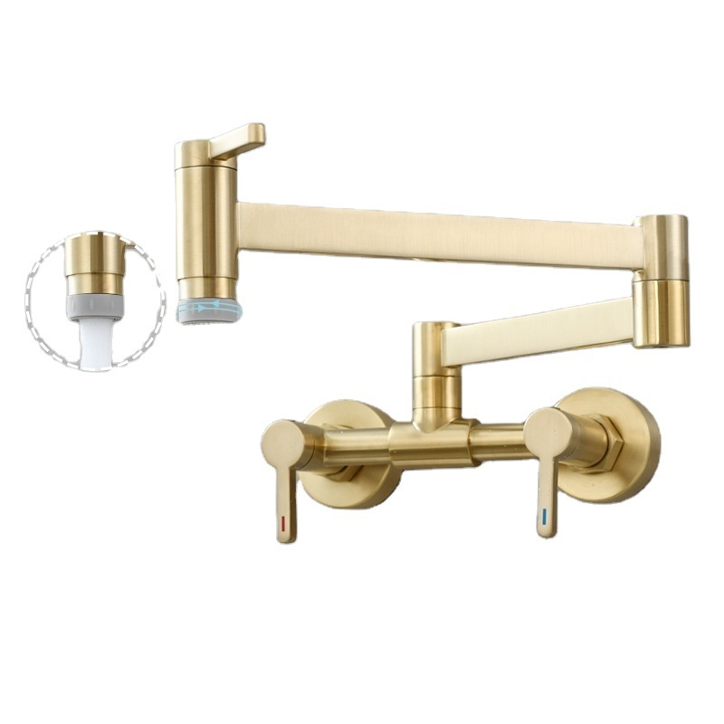 Brushed Gold Brass Pot Filler Tap Wall Mounted Foldable Kitchen Faucet Hot and Cold Single Hole Sink Tap Rotate Folding Spout