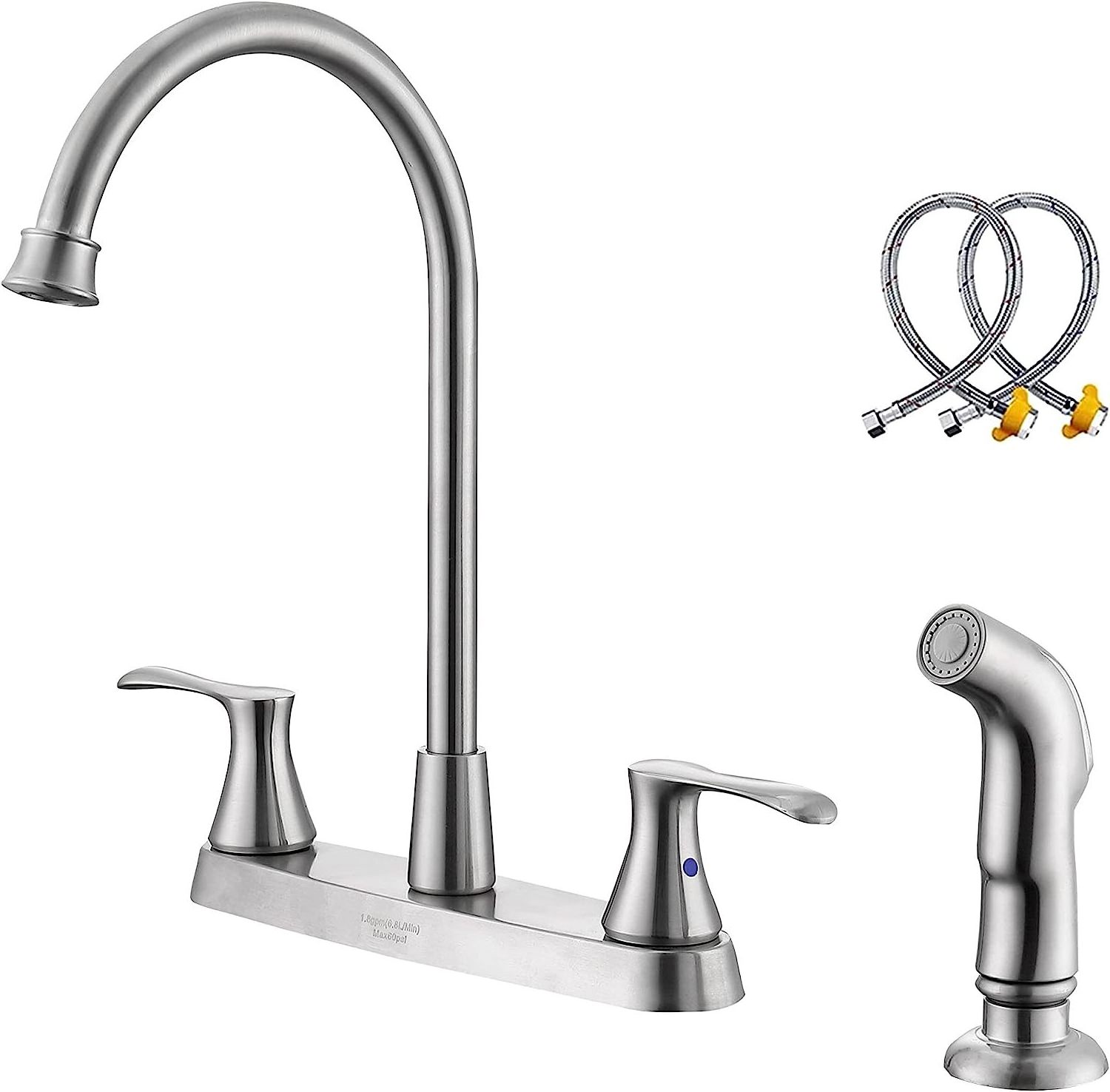 Kitchen Faucet with Side Sprayer, Brushed Nickel 2-Handle Faucet for 4 Holes Kitchen Sink