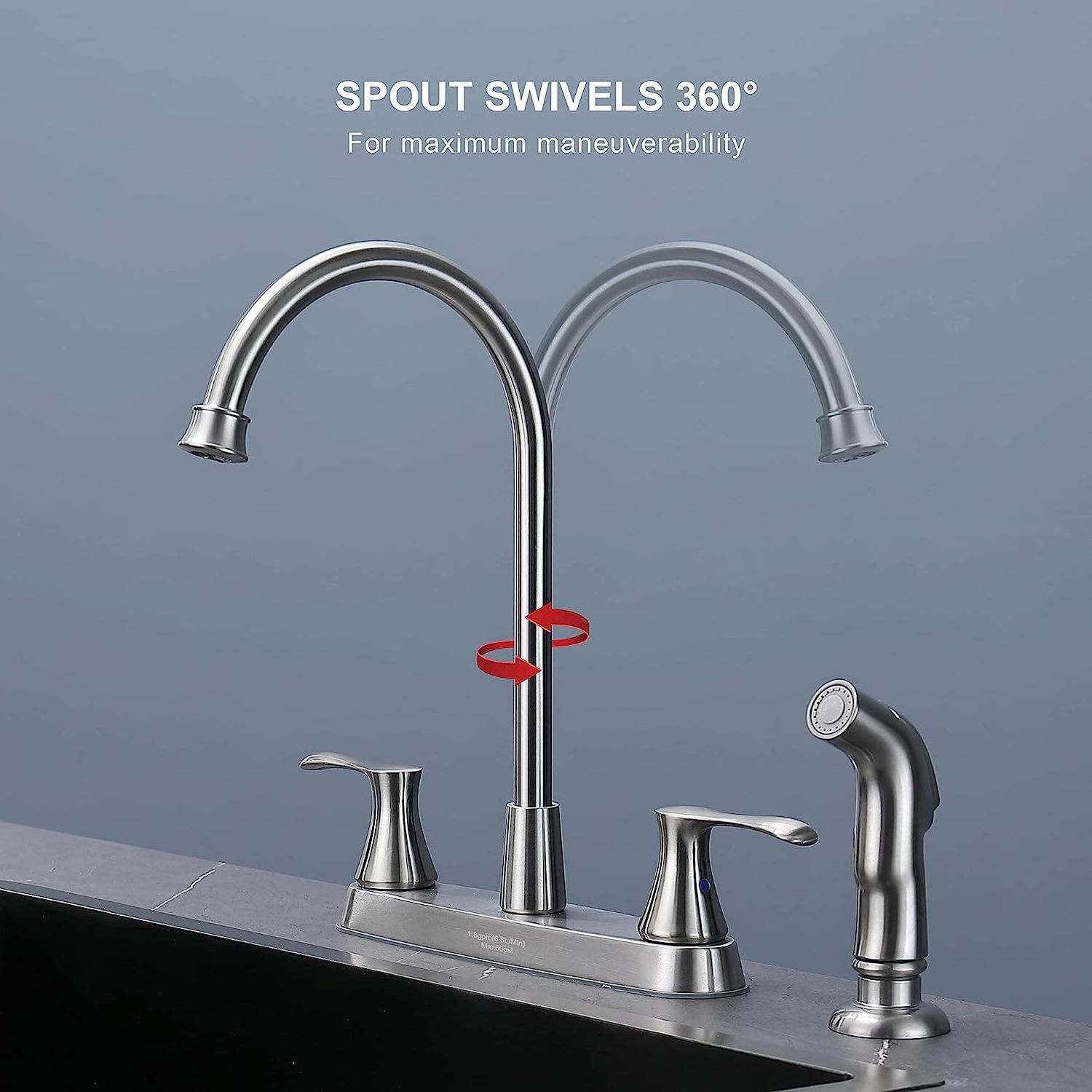 Kitchen Faucet with Side Sprayer, Brushed Nickel 2-Handle Faucet for 4 Holes Kitchen Sink