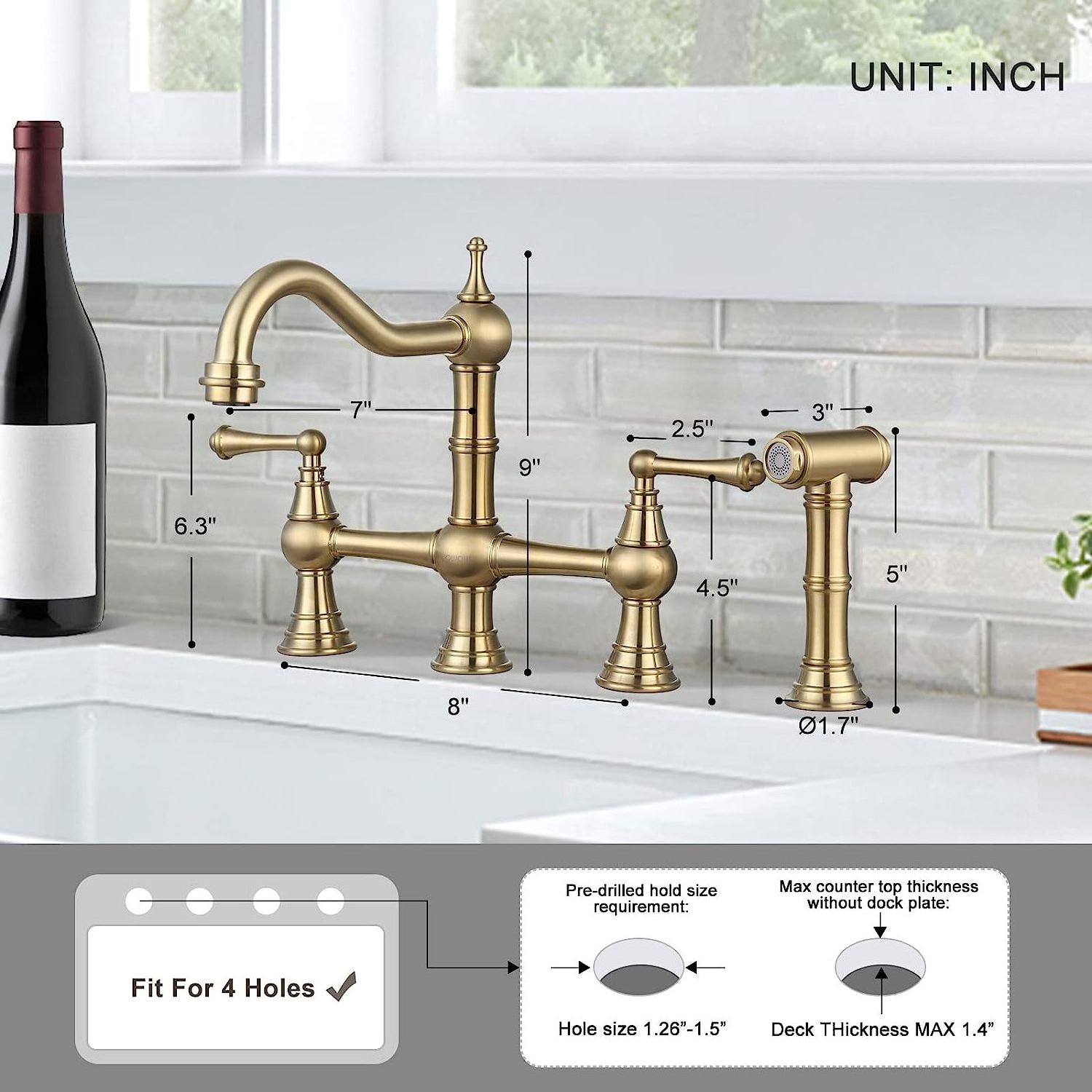 Brass kitchen faucet bridge with side spray brushed gold kitchen sink faucet  Cold and hot