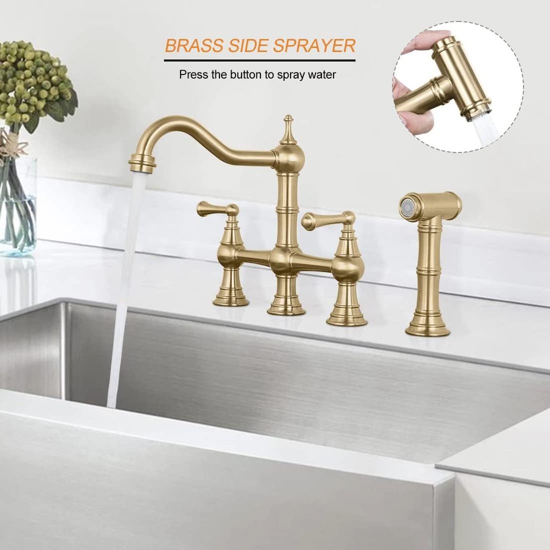 Brass kitchen faucet bridge with side spray brushed gold kitchen sink faucet  Cold and hot