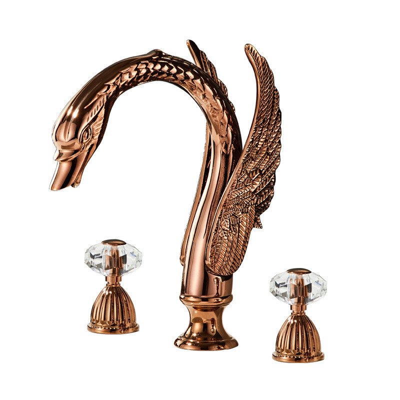 Rose gold luxury swan all copper bathroom split three hole basin faucet bathroom basin faucet