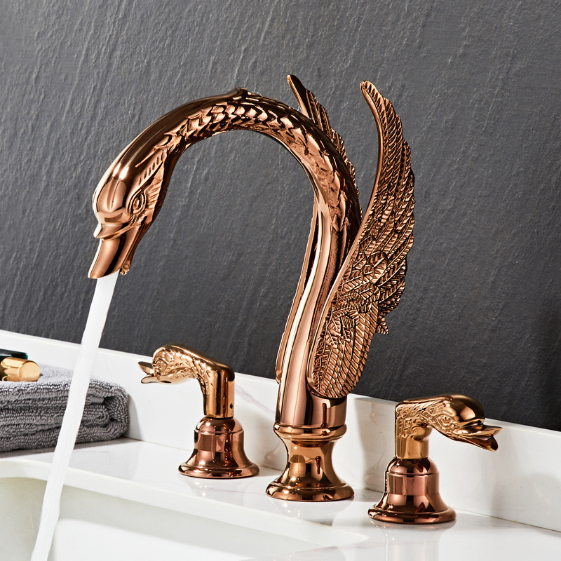 Rose gold luxury swan all copper bathroom split three hole basin faucet bathroom basin faucet