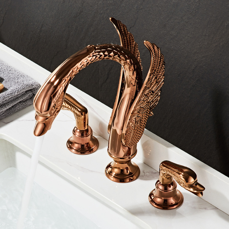 Rose gold luxury swan all copper bathroom split three hole basin faucet bathroom basin faucet