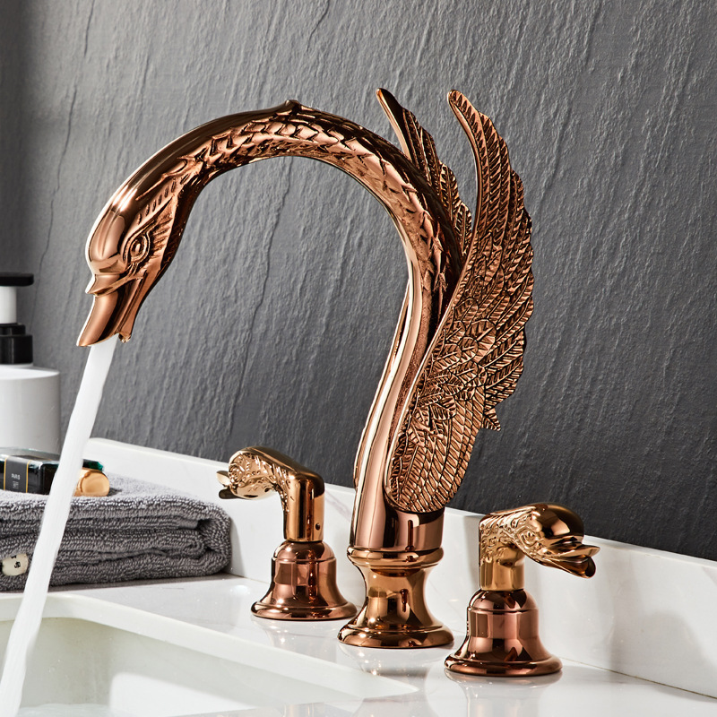 Rose gold luxury swan all copper bathroom split three hole basin faucet bathroom basin faucet