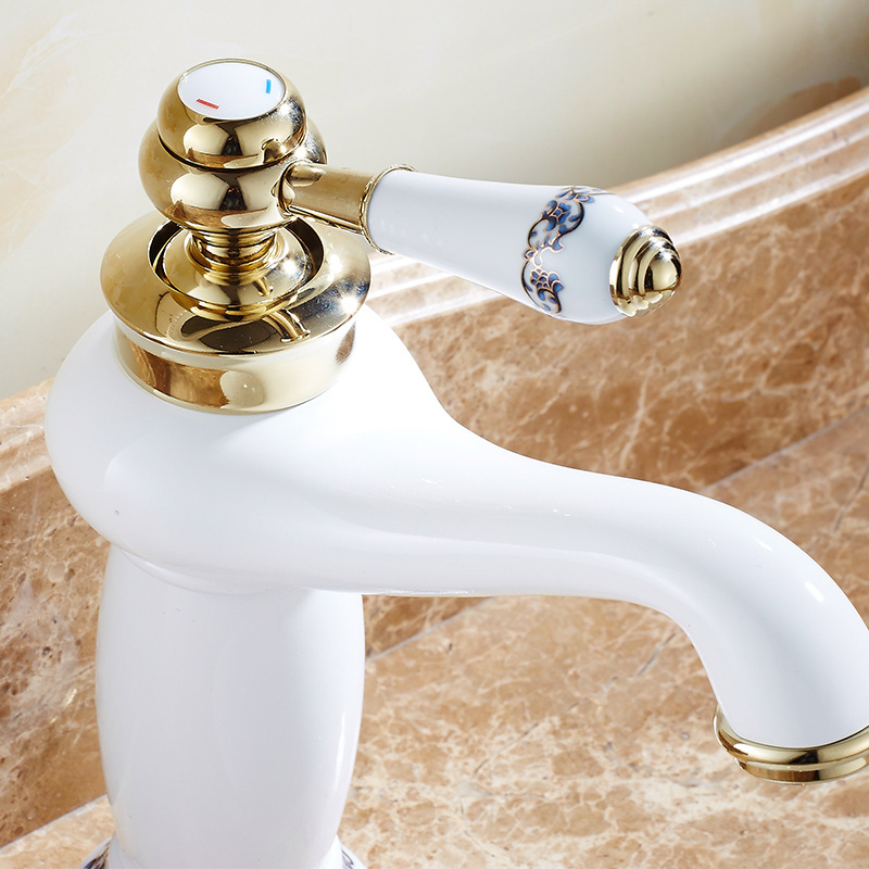 Bathroom White Basin Faucet Blue and white porcelain Faucet Basin Sink Mixer Tap Brass Made Deck Mounted Basin Faucet