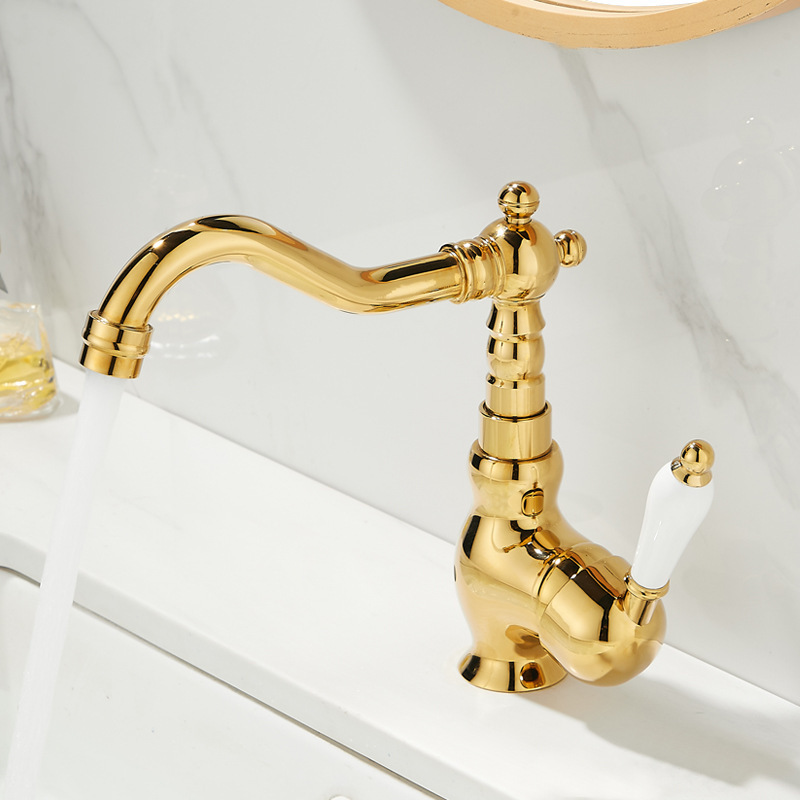 Retro faucet all copper basin faucet bathroom gold ceramic handle hot and cold water head