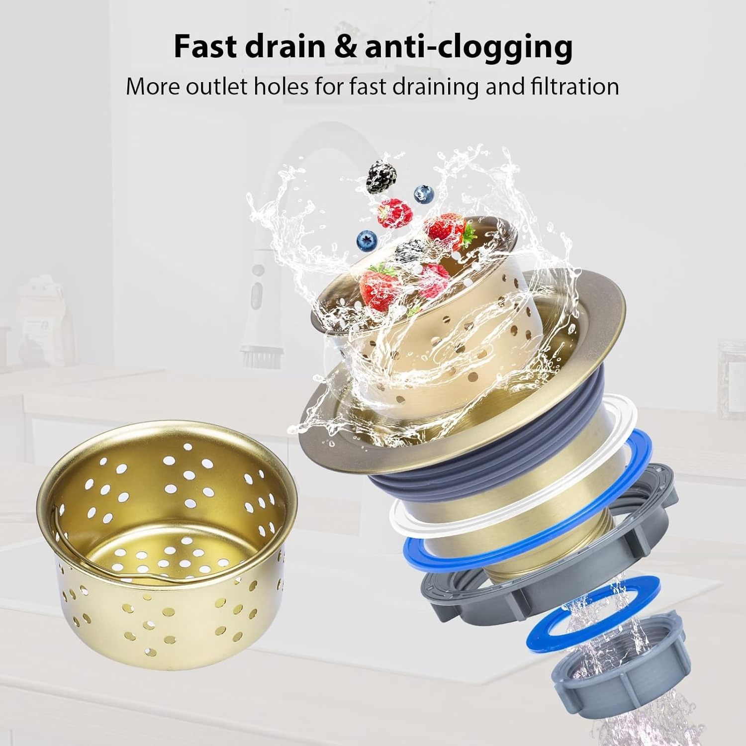 Gold Kitchen Sink Drain Strainer Assembly, Sink Drain 304 Stainless Steel with Removable Deep Waste Basket and Sealing