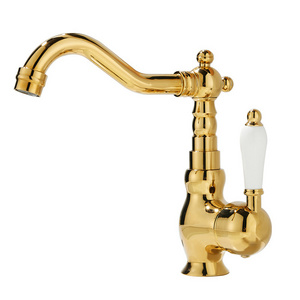 Retro faucet all copper basin faucet bathroom gold ceramic handle hot and cold water head