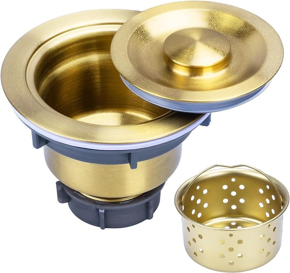 Gold Kitchen Sink Drain Strainer Assembly, Sink Drain 304 Stainless Steel with Removable Deep Waste Basket and Sealing