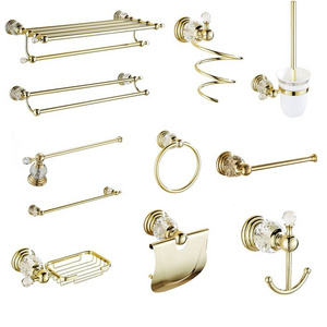 European Antique Solid Brass Bathroom Hardware Sets Gold Polished Bathroom Accessories Wall Mounted Crystal Bathroom Products