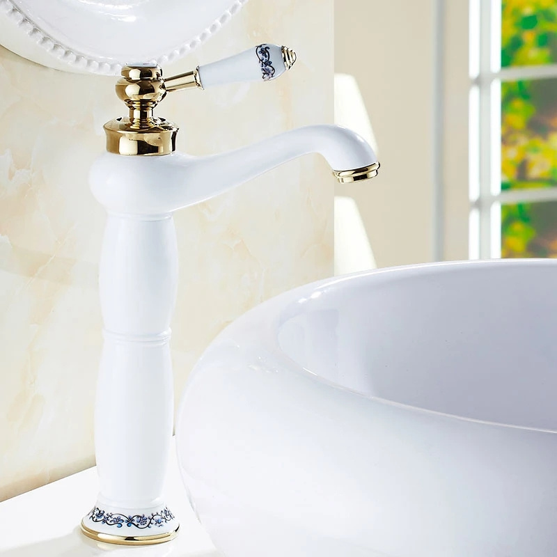 Bathroom White Basin Faucet Blue and white porcelain Faucet Basin Sink Mixer Tap Brass Made Deck Mounted Basin Faucet