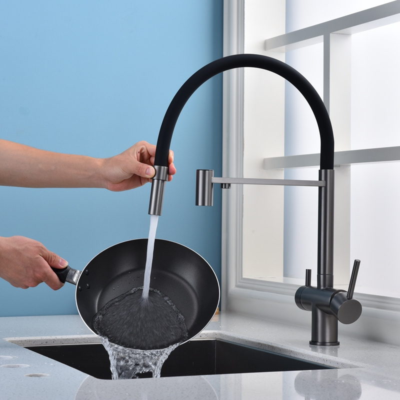 Three-in-one Contemporary Gun Gray Kitchen Pull-out Faucet Hot And Cold Water Direct Drinking Sink Faucet