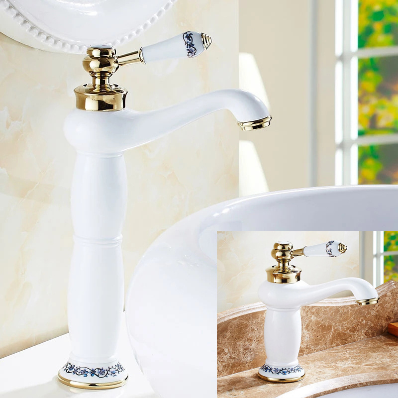 Bathroom White Basin Faucet Blue and white porcelain Faucet Basin Sink Mixer Tap Brass Made Deck Mounted Basin Faucet